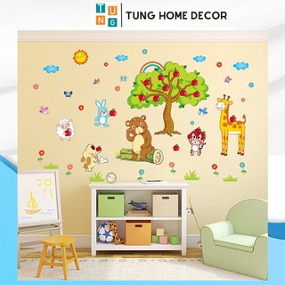 Decal dán tường cho bé học tung decor xl8205 thú ăn táo