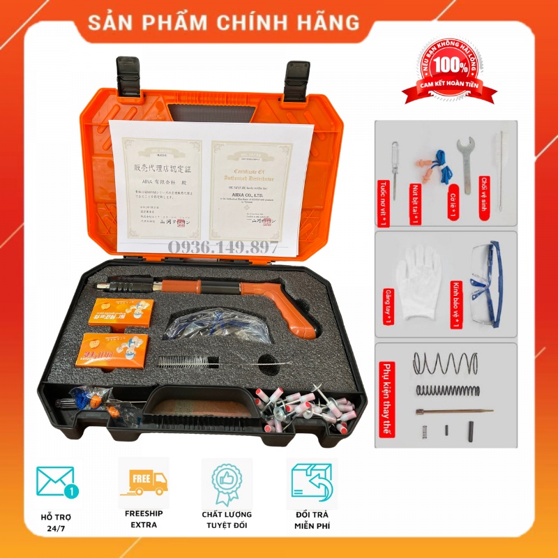 Súng bắn đinh bê tông chính hãng nhập khẩu mẫu mới 2023 chỉnh lực 5 cấp độ tặng kèm 50 đinh.