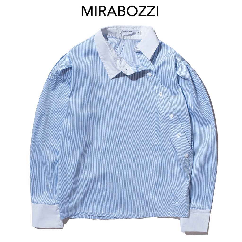 Áo Sơ Mi Nữ Dài Tay Sọc Phối Cổ Xéo Màu Xanh MIRABOZZI Chất Vải COTTON Thoáng Mát, Đường May Tỉ Mỉ MSHF016