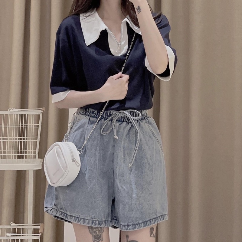 Quần sooc bò cạp chun kèm dây đai phom ống rộng dễ phối đồ