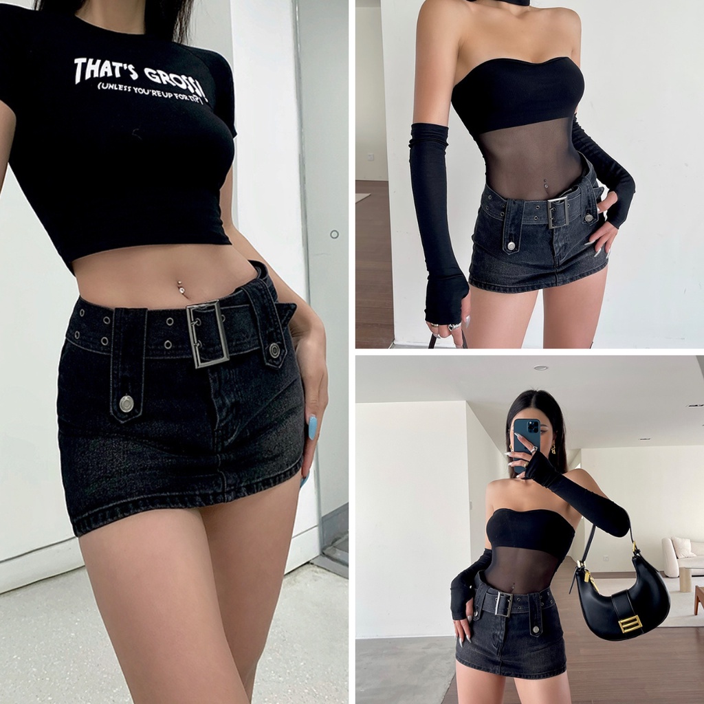 Chân Váy Jeans Xanh Và Đen Kèm Belt Bảng To Hot Trend Phong Cách Ulzzang