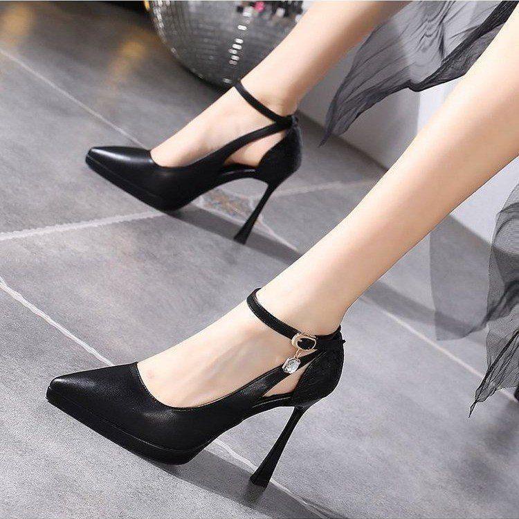 Giày Cao Gót 10cm Mũi Nhọn Miệng Nông Màu Xanh Lá Có Khóa Cài Chống Thấm Nước Gợi Cảm