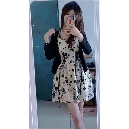 🌷 Váy hoa nhí cúp ngực dáng ngắn kèm áo khoác len thời trang cho nữ