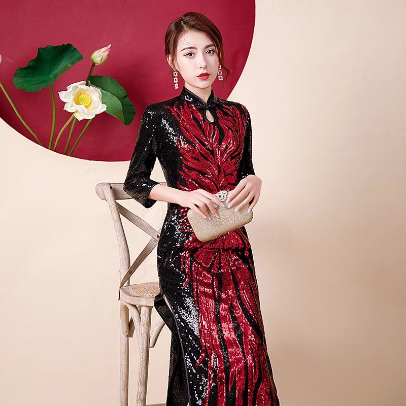 Đầm Sườn Xám Tay Lửng Dáng Rộng Đính Kim Sa Lửa Đỏ Đen 2c-v-24k.New Phong Cách Sang Trọng Cao Cấp Dành Cho Cô Dâu