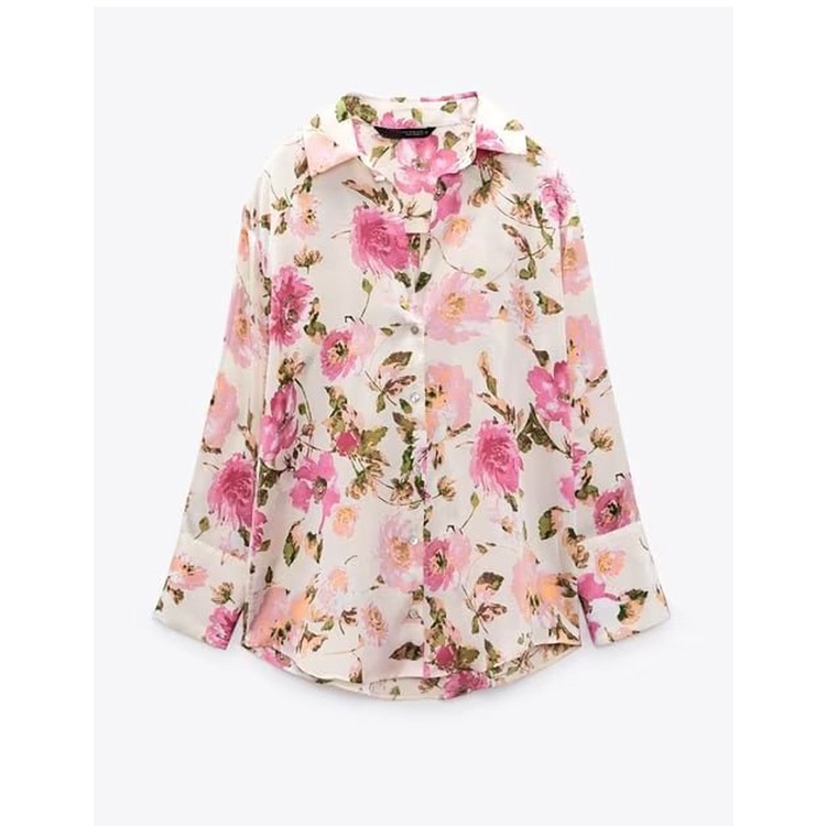Áo Sơ Mi Zara Vải Lụa Satin Cổ V In Hoa Đóng Cúc Thời Trang Mùa Xuân 237969235