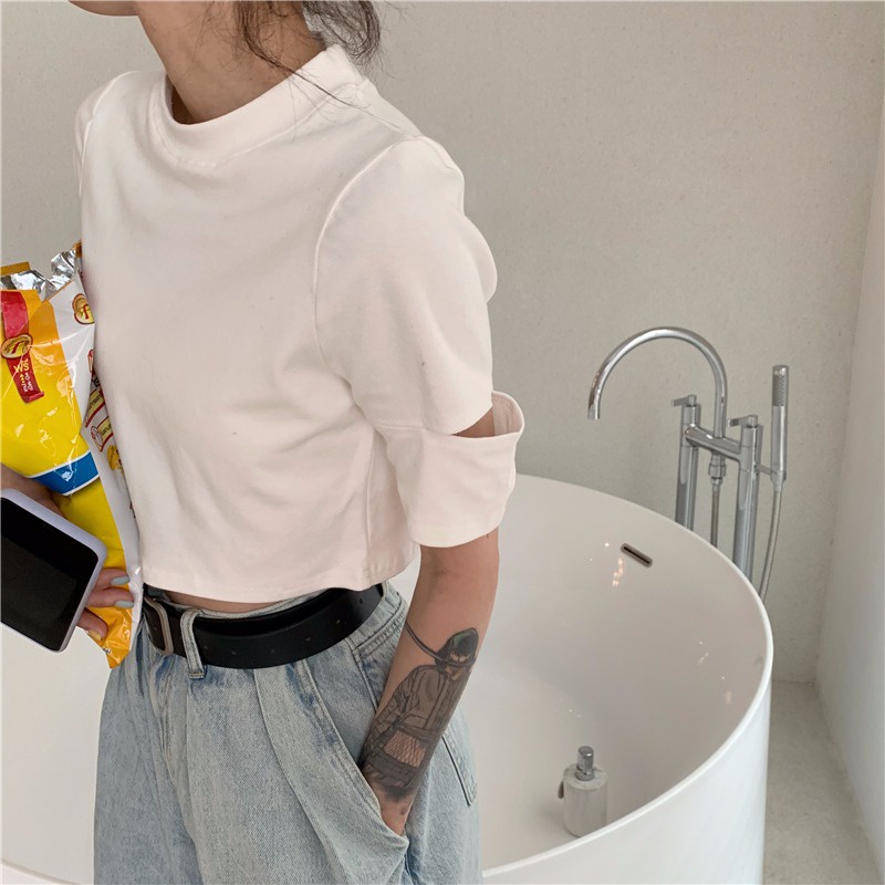 Áo croptop SUXI tay ngắn cổ tròn dáng ôm phong cách tối giản cho nữ