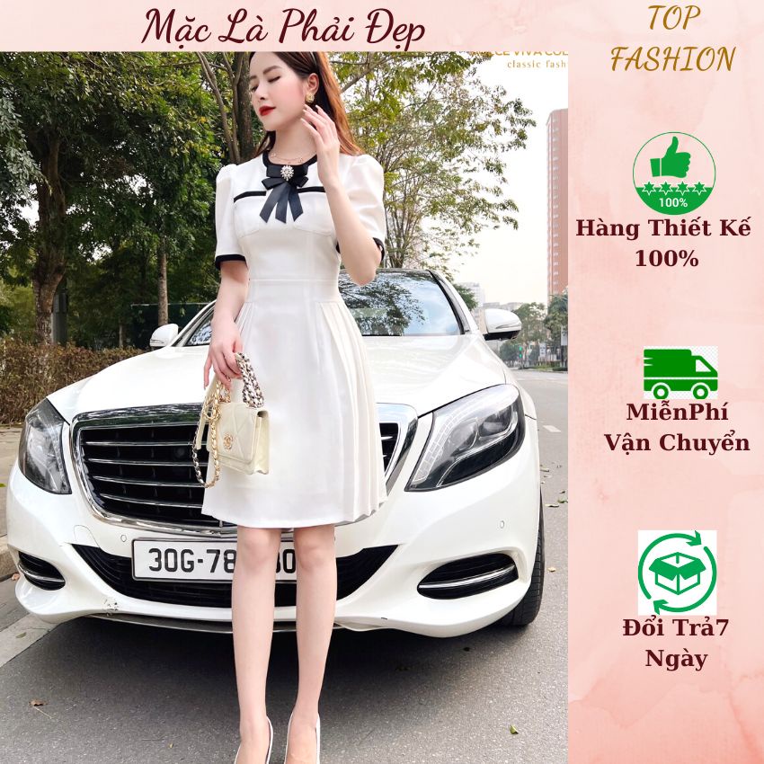 Đầm nữ trắng thiết kế cổ tròn gắn nơ xinh-TOPFASHION- Váy đầm nữ dự tiệc, công sở tôn dáng cao cấp-HÀNG THIẾT KẾ 100%