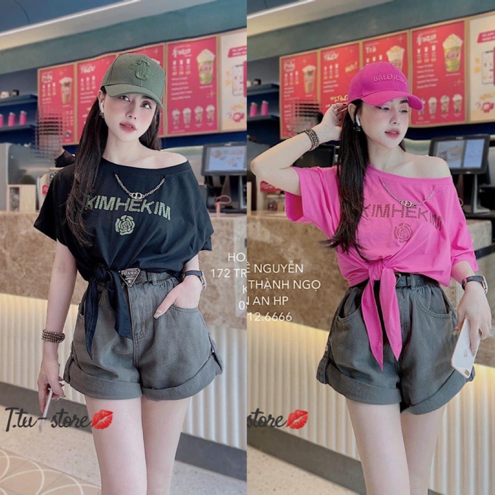 Áo phông lệch vai kèm mũ chất cotton tàu in chữ nổi bật , cá tính 2 màu hồng đen hot trend áo buộc nơ eo cưc tôn dáng