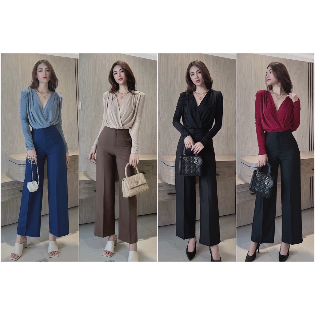 Set Áo Cổ Đắp Chéo Quần Suông Dài.