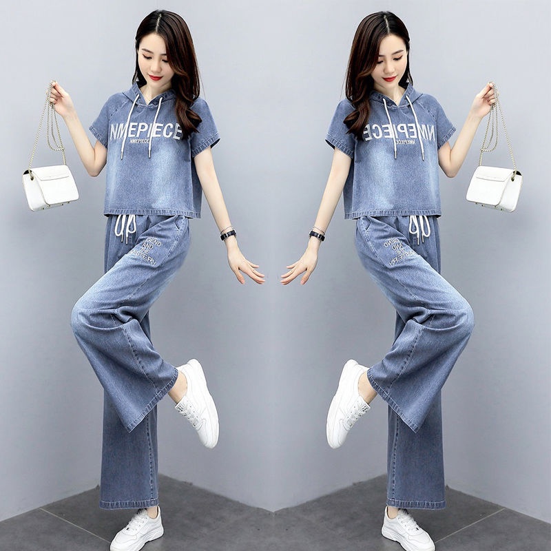 Hàng Bán Chạy!Set Áo Thun Ngắn Tay Cổ Tròn + Quần Jeans Dài Ống Rộng Thời Trang Nữ