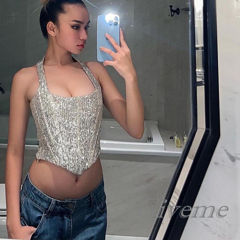 Áo Lửng Hai Dây Cổ Yếm Hở Lưng Đính Sequin Lấp Lánh Thời Trang Mùa Hè Dành Cho Nữ