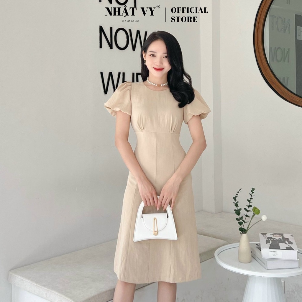 Đầm công sở Nhật Vy nhún ngực cổ tròn tay bí dáng ôm chất linen thun phù hợp đi chơi dạo phố cafe - D2559