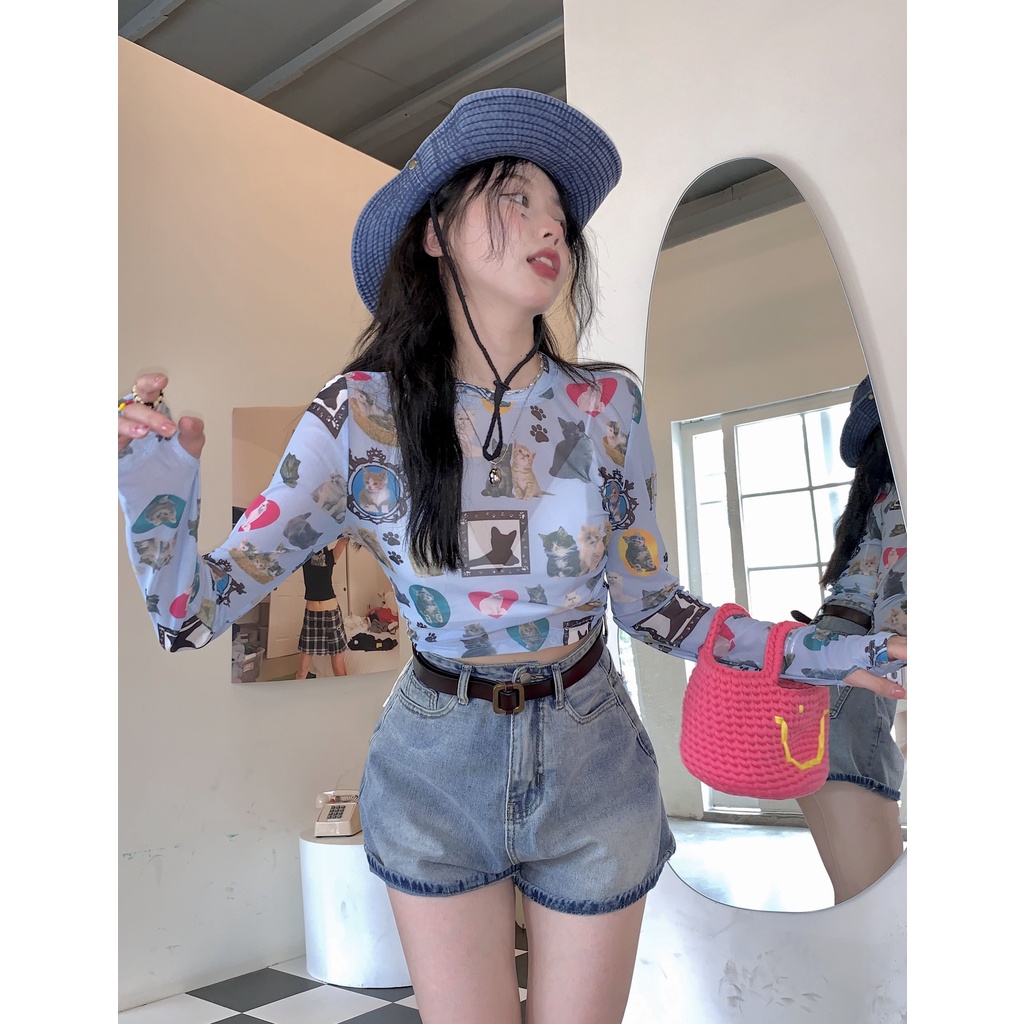 Cocory vn Áo croptop Tay Dài In Hình Mèo Quyến Rũ