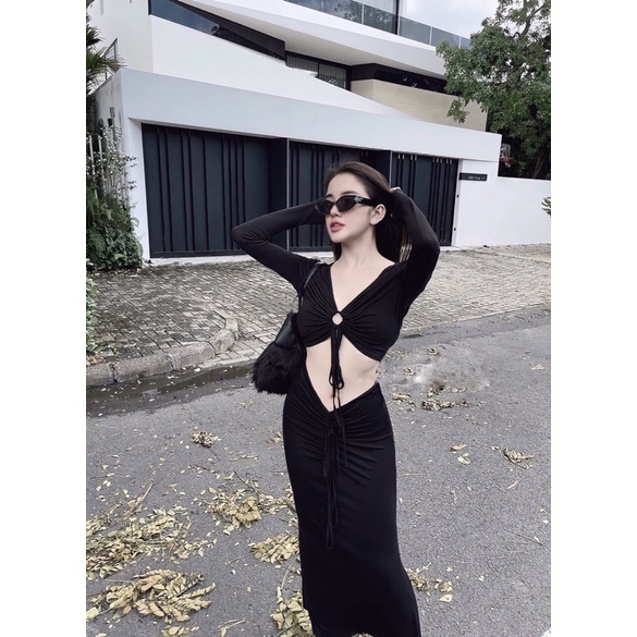 Set Áo Crop Rút Dây + Chân Váy Dài Cực Sang Chảnh