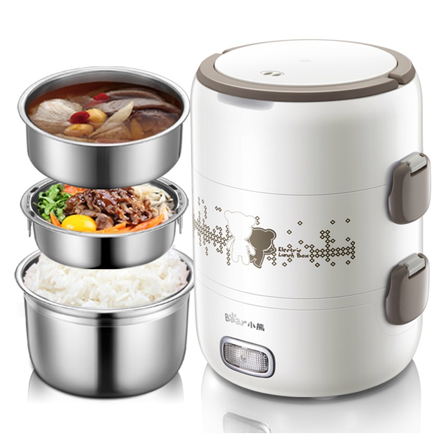 Hộp cơm cắm điện Bear, hâm nóng và tự nấu chín thức ăn, 3 khay Inox 2L – Hàng chính hãng BH 6-18 tháng