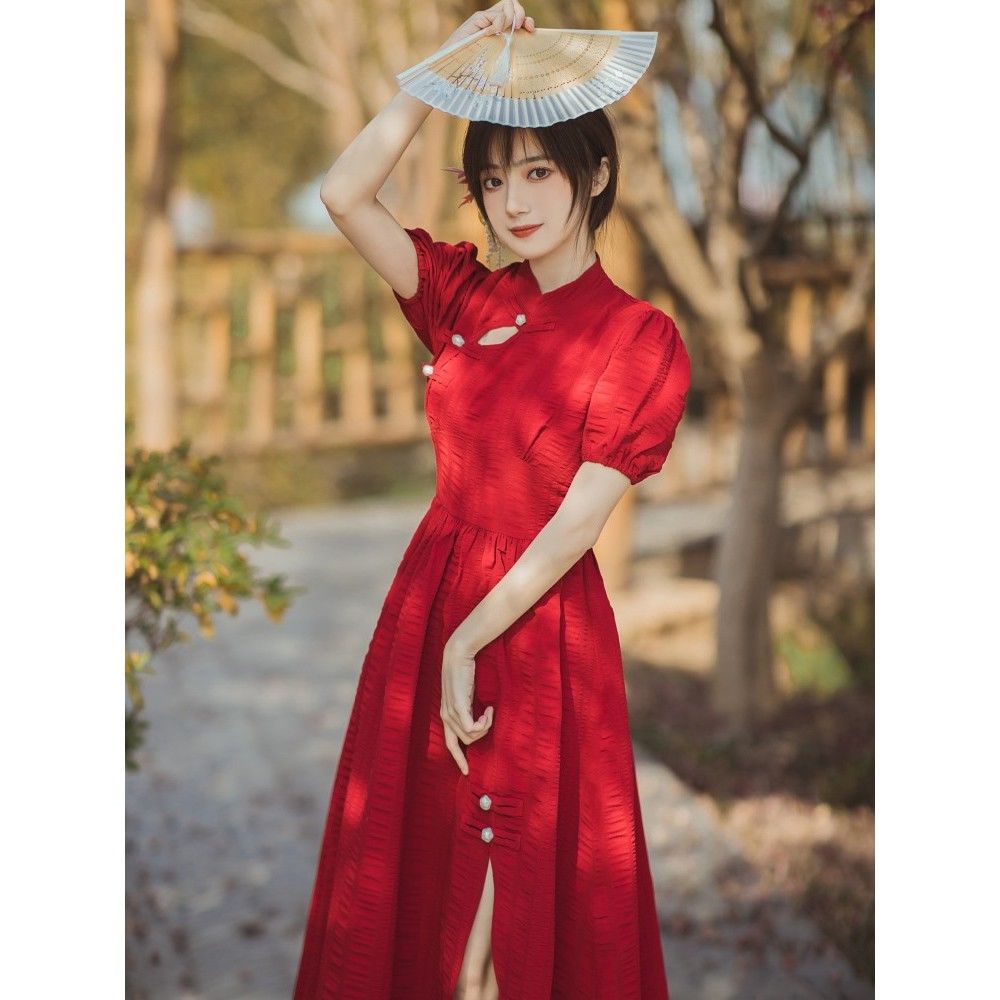Đầm Sườn Xám Cách Tân Tay Phồng Xẻ Tà Màu Đỏ Phong Cách retro Cao Cấp 2239