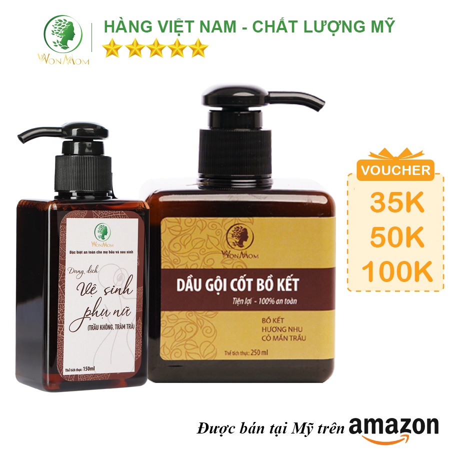 [ Giảm 35K - Đơn 329K ] Bộ tắm gội thơm tho cửa mình Wonmom ( 1 Dầu gội cốt bồ kết + 1 Dung dịch vệ sinh )