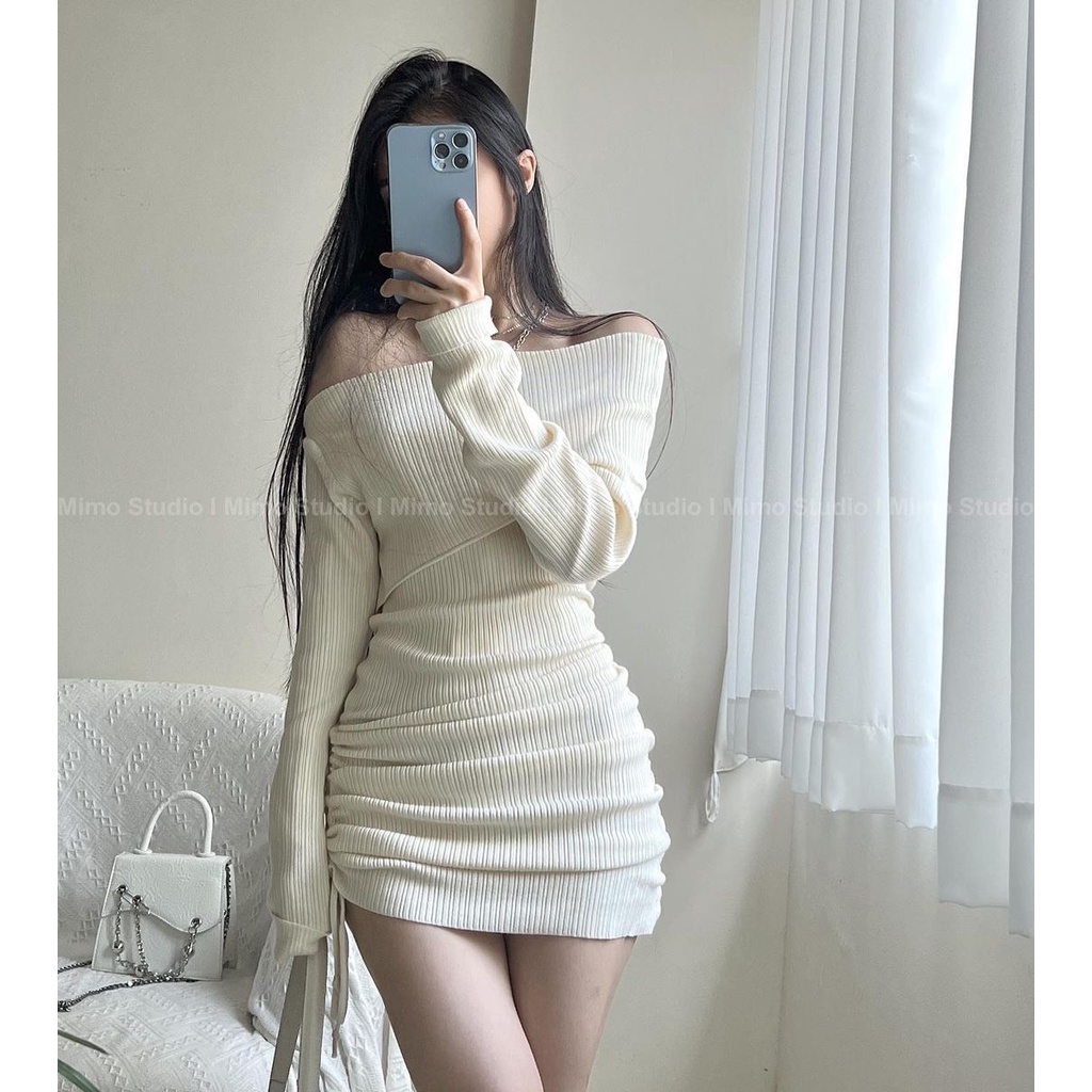 - Quà tặng sinh nhật,bạn gái, nữ,tết Đầm body trễ vai rút 1 bên thun tăm