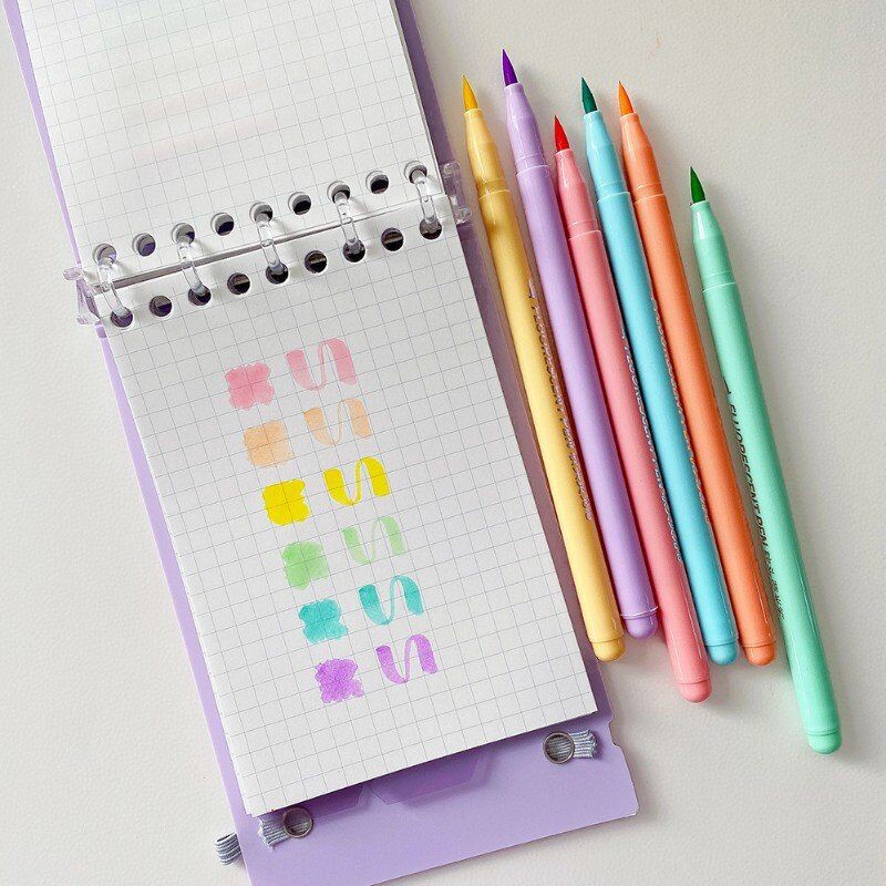 Set bút dạ quang lông đầu mềm đánh dấu ngòi brush viết calligraphy 6 màu sắc dễ thương - Color House