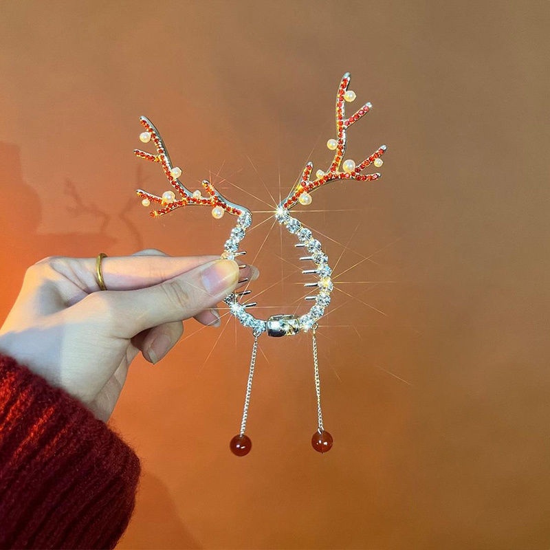 Kẹp Tóc Hình Sừng Tuần Lộc Phối Tua Rua Dễ Thương Phong Cách Hàn Quốc