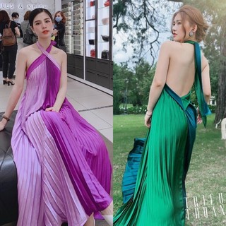 Đầm maxi dập ly phối màu xanh lá/tím, váy dài thiết kế cổ yếm 2 dây thắt nơ hở lưng sang trọng quý phái đi biển du lịch