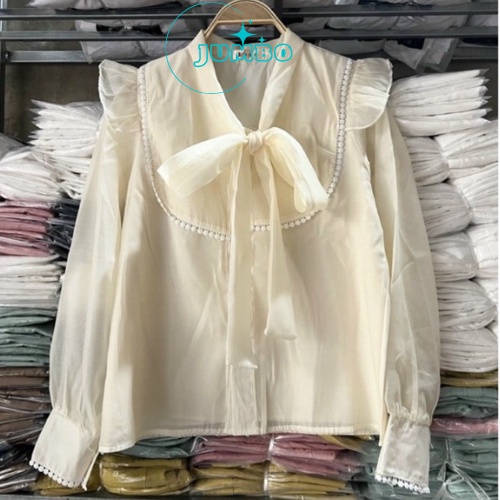 Áo sơ mi nữ dài tay form rộng kiểu sơmi cổ thắt nơ chất vải voan thiết kế tay bồng cánh tiên thời trang Jumbo