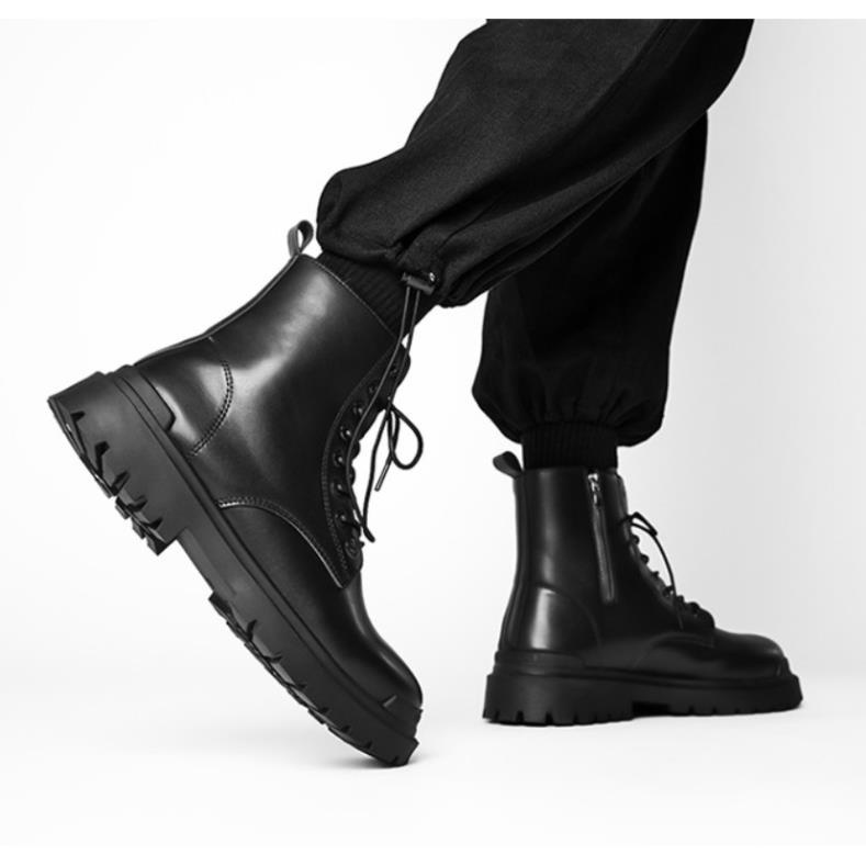 Giày Combat Boots Zip Black, Đế Tăng Chiều Cao, Tăng 3,5cm