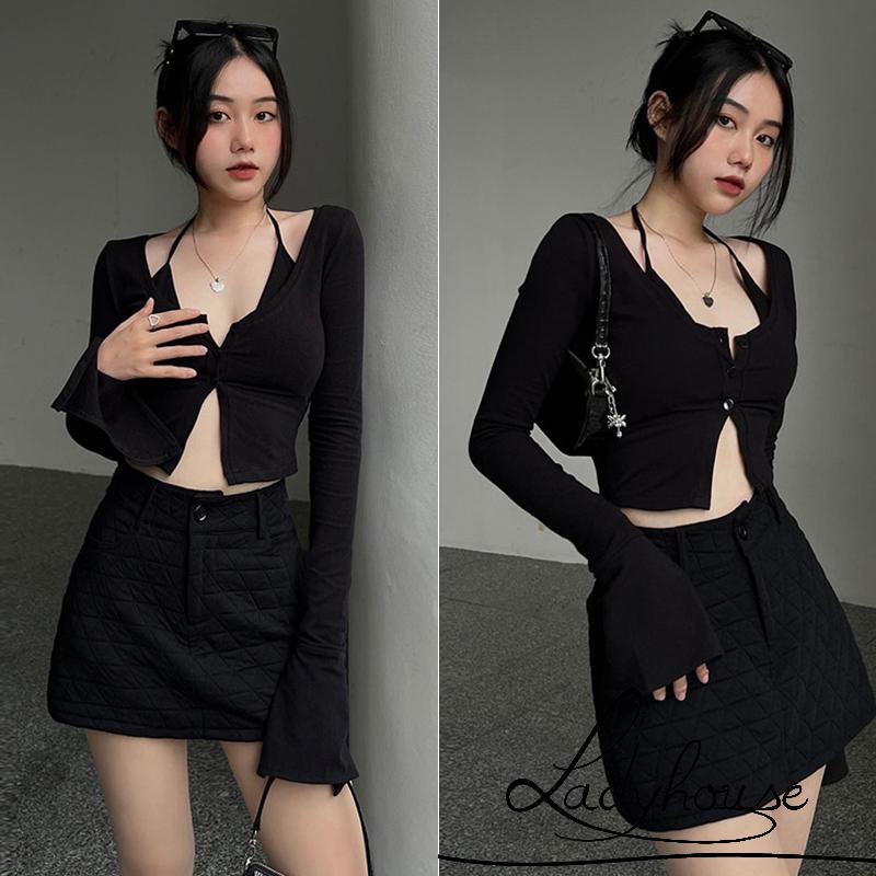 Bộ Áo Thun Tay Dài Màu Trơn Xẻ Tà + Áo Ngực Cổ Yếm Thời Trang Đường Phố Cho Nữ
