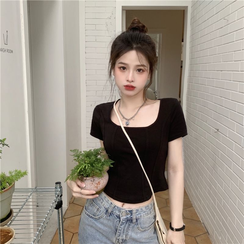 COZOK Áo Thun Nữ Tay Ngắn Cổ Vuông Phong Cách Hàn Quốc