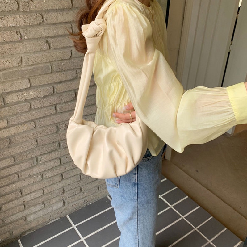 Mischa Túi Đeo Vai Da PU Xếp Ly Màu Trơn Dễ Phối Đồ Hợp Thời Trang