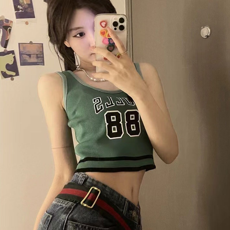 Nevaeh Áo tank top Hai Dây In Chữ Phong Cách Mỹ Cổ Điển Có Đệm Ngực Mỏng Vừa Vặn Và Không Tay Hàng Mới Dành Cho Bạn Nữ áo croptop