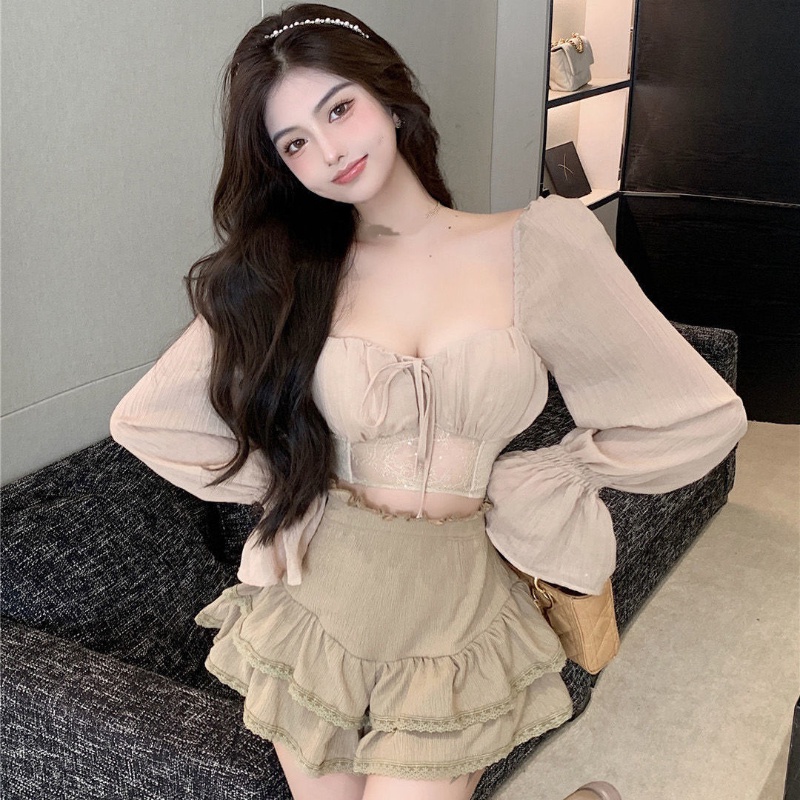 COZOK Áo Kiểu Tay Dài Phối Ren Thời Trang Nữ Tính