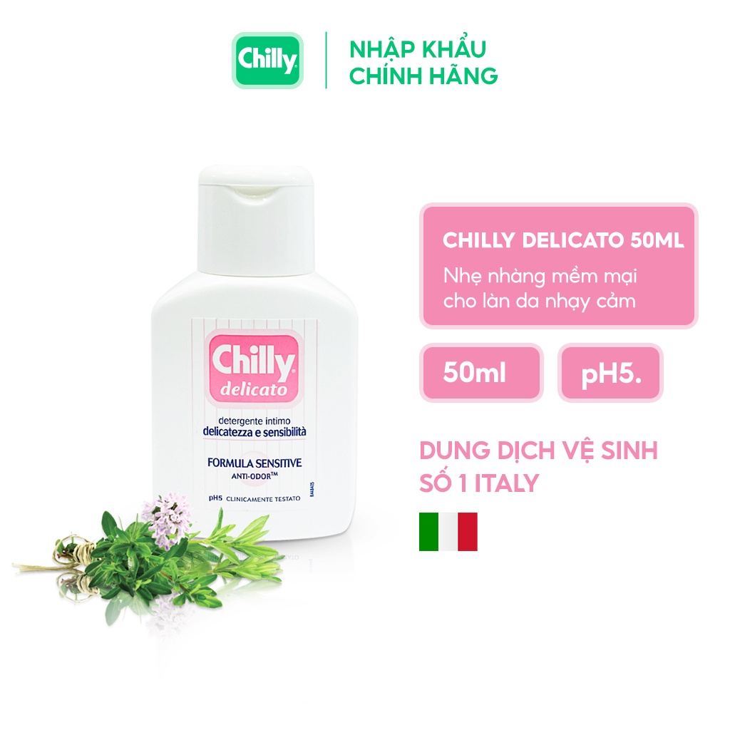 Dung dịch vệ sinh phụ nữ Chilly Delicato chiết xuất lô hội dưỡng mềm mại, sạch dịu êm - Lọ 50ml