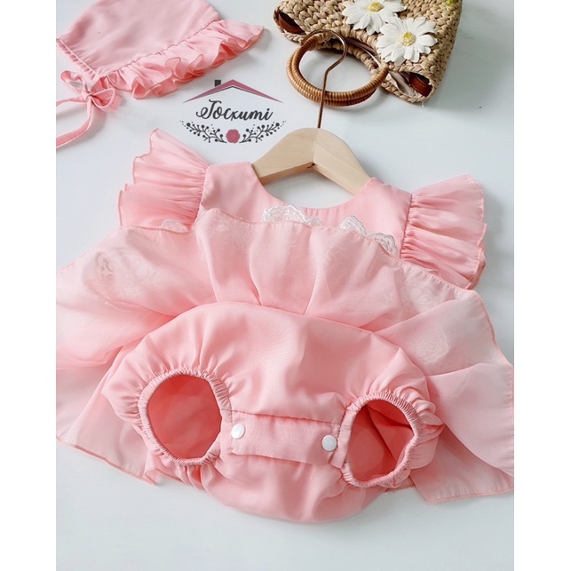 Bộ liền thân hồng cánh tiên nơ lưng viền ren trắng cao cấp - Tocxumi