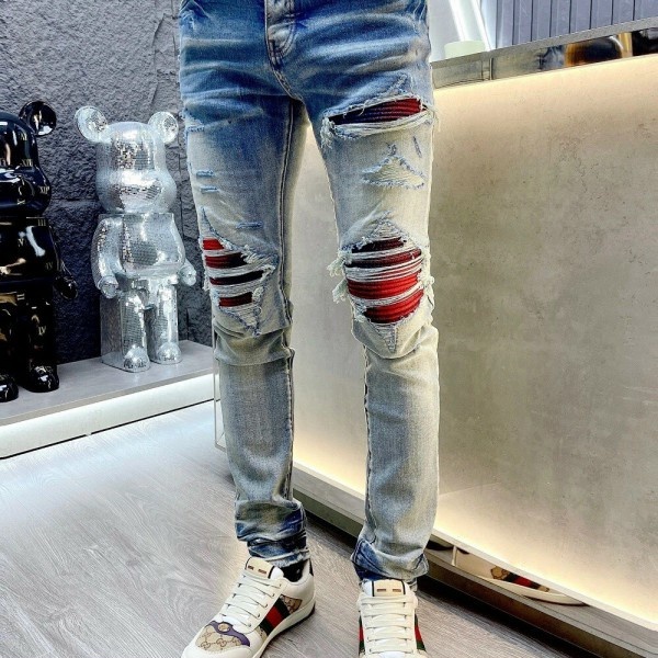 Quần JEAN Skinny Amiri Nam Wash Xanh Khói Rách Xù Viền Vá Vải Nhăn Đỏ Quần Bò Nam Xanh Khói Gối Vá Đỏ | BigBuy360 - bigbuy360.vn