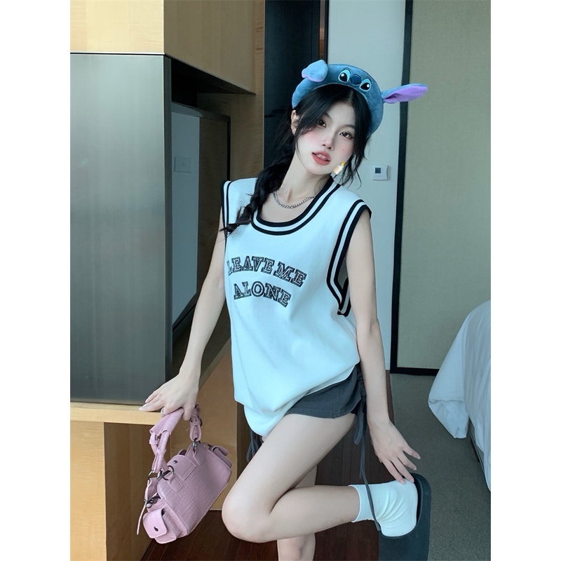 [2 Màu] Áo Ba Lỗ Thể Thao Dáng Rộng Thêu Chữ Phong Cách Đường Phố