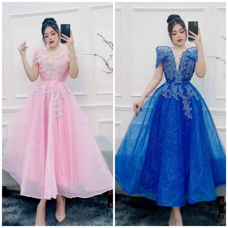 ĐẦM XOÈ KIM TUYẾN CỔ NỮ HOÀNG KẾT REN THÊU ĐÍNH PHA LÊ
