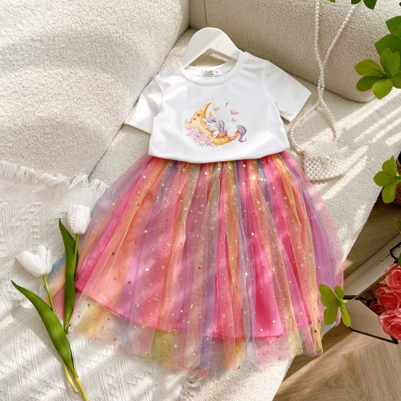 Set bộ bé gái ,Áo cotton 4c in hình Pony,Chân váy lưới sao cầu vồng xinh xắn