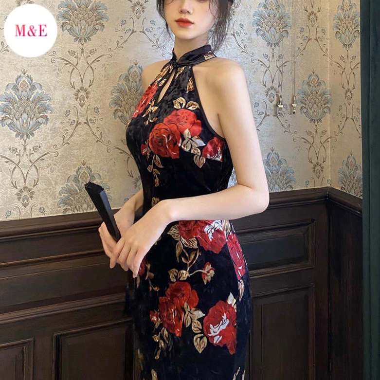 Đầm Sườn Xám Cách Tân Vải Nhung Phong Cách Trung Hoa Cổ Điển Cho Nữ