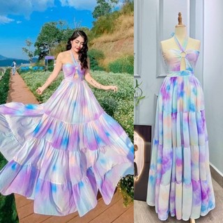 Đầm maxi loang tím phối màu khoét ngực 2 dây cổ yếm thắt nơ hở lưng, váy dài sang trọng quý phái đi chơi biển du lịch