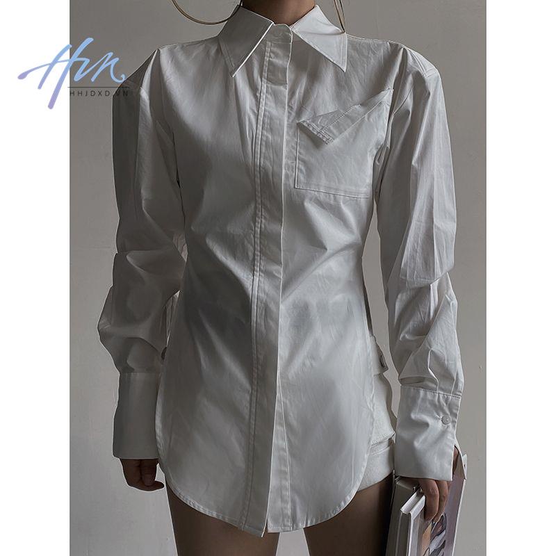 Hhjdxd Áo Sơ Mi Xẻ Tà Có Túi Nhấn Eo Hẹp Thời Trang Cho Nữ