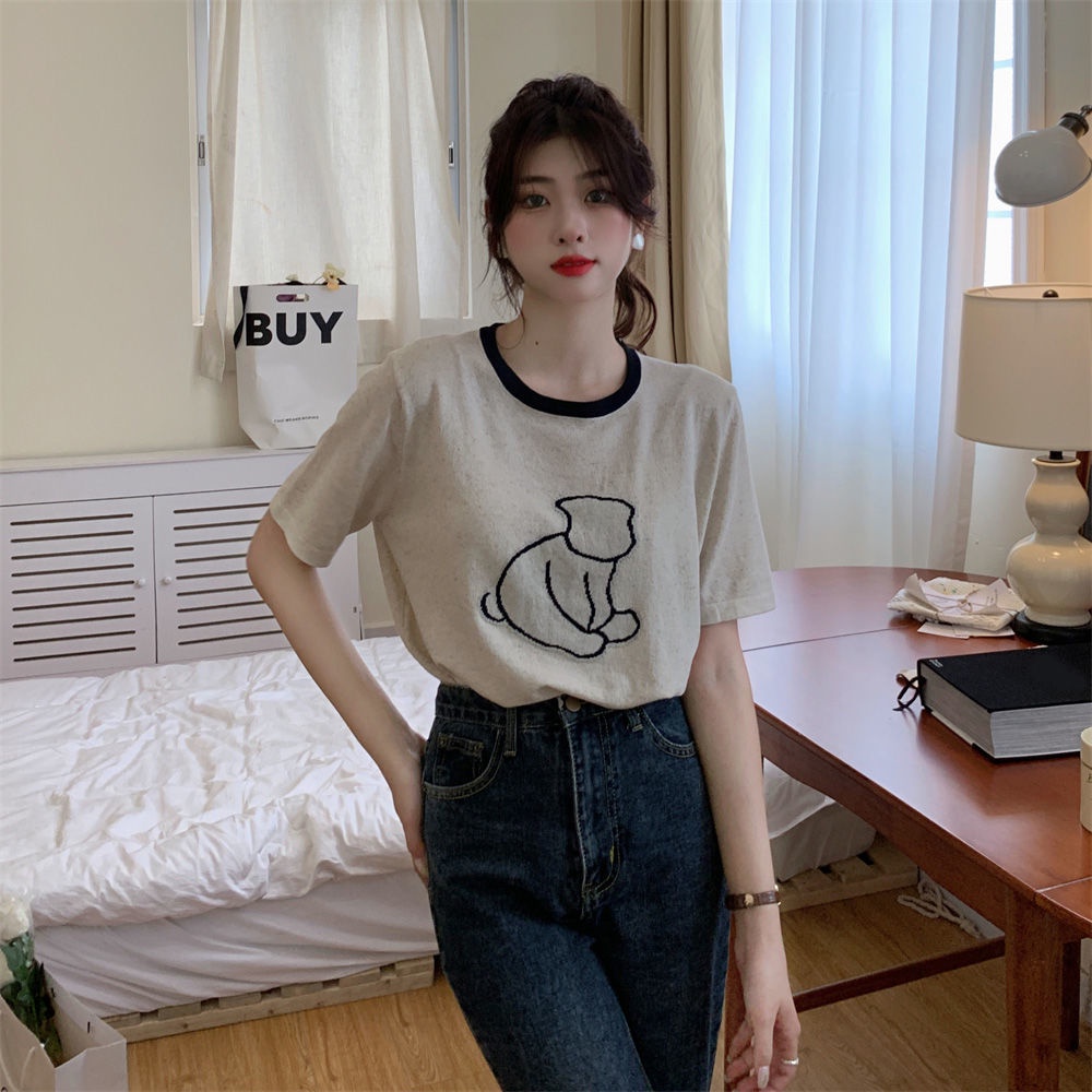 Áo Thun Dệt Kim Nữ Tay Ngắn Màu Đen tao bao