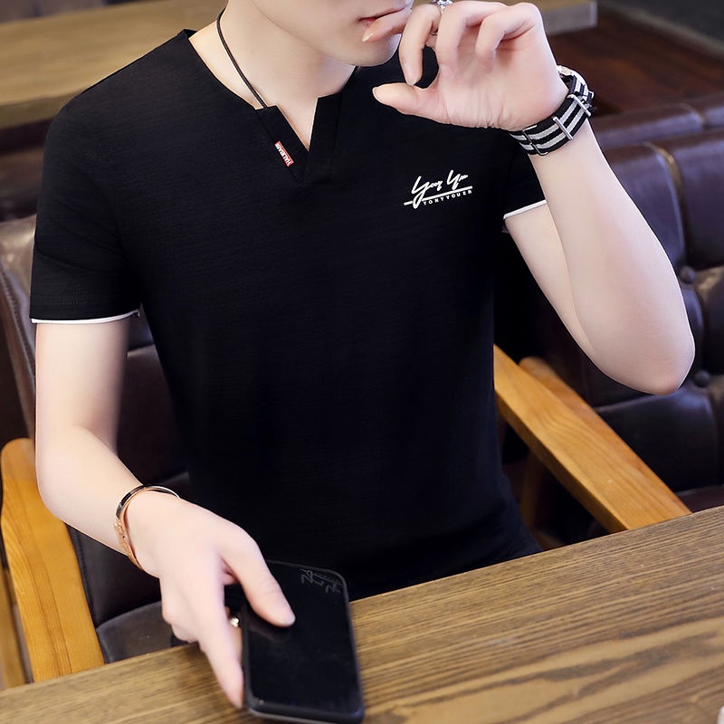 Áo Thun Cotton Ngắn Tay Cổ Chữ V Đơn Giản Theo Phong Cách Hàn Quốc Dành Cho Nam