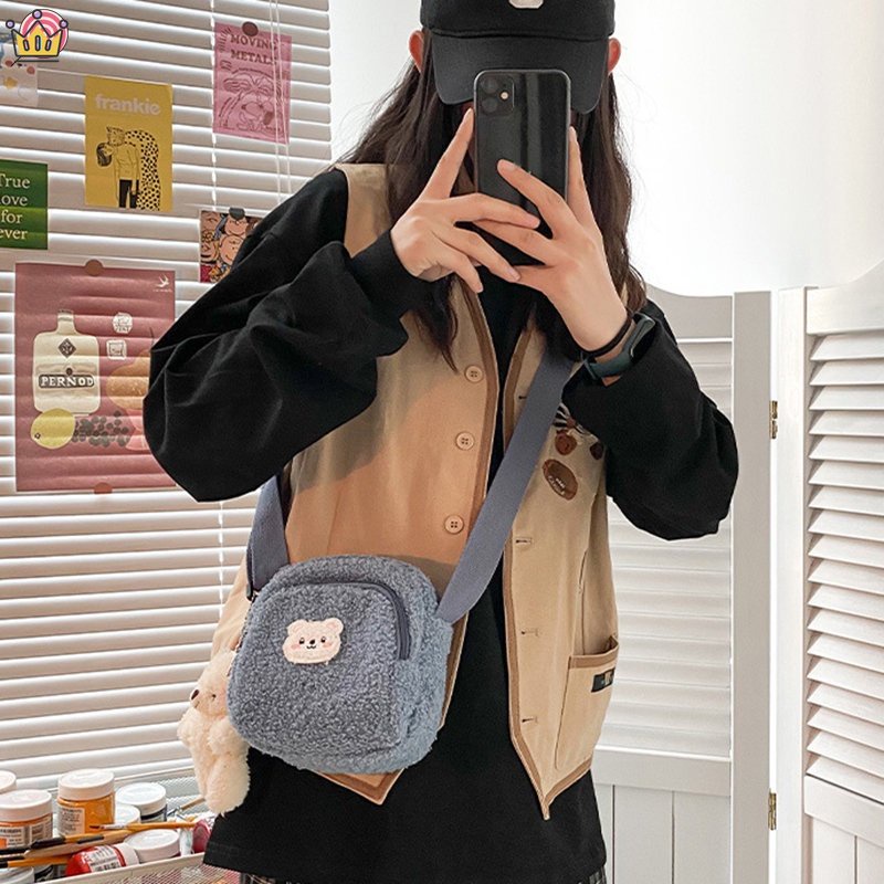 Túi Đeo Chéo Vải Nhung Lông Cừu Mềm Hình Gấu Dễ Thương Phong Cách retro Nhật Bản JP5