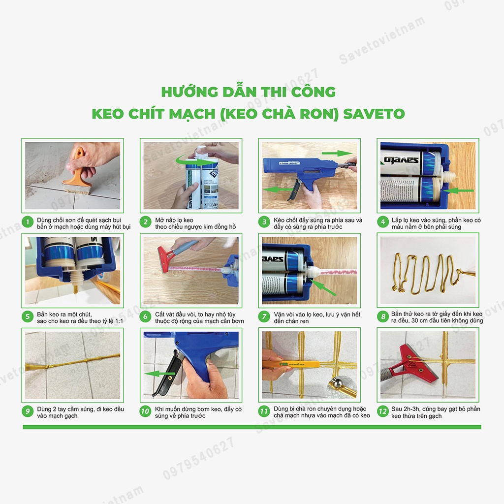 Combo Bộ sản phẩm Keo chà ron cao cấp Saveto - 4 món