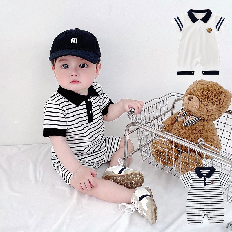 Áo Liền Quần Cotton Ngắn Tay Có Cổ Thời Trang Mùa Hè Hàn Quốc Cho Bé Trai Sơ Sinh