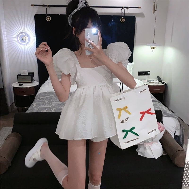 COZOK Đầm Cổ Vuông Tay Phồng Lưng Cao Hở Lưng Phong Cách Pháp Thời Trang Mùa Hè Cho Nữ