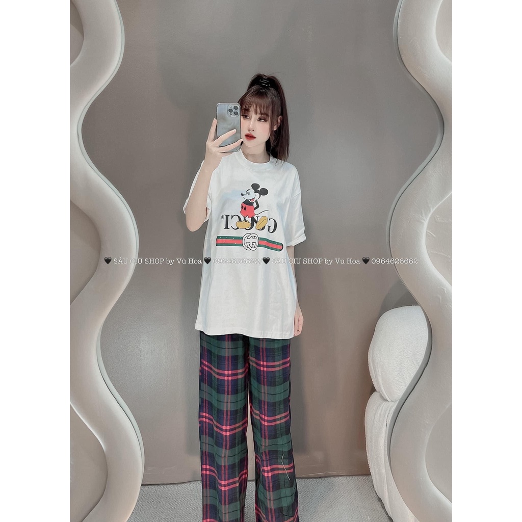Sét bộ áo phông mickey + quân suông kẻ  TH711