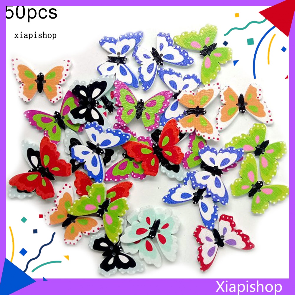 50 Nút Gỗ 2 Lỗ Hình Bươm Bướm Trang Trí Scrapbook