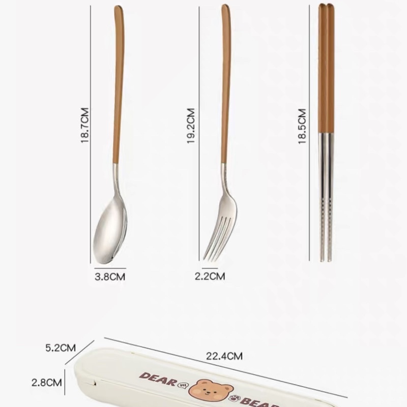 Set Muỗng Đũa Và Nĩa Kèm Hộp Đựng Hoạ Tiết Chú Gấu DearBear Chất Liệu Inox 304 Thích Hợp Mang Đi Du Lịch